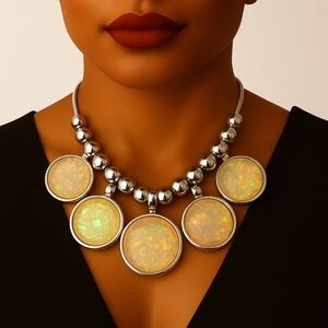 Beaded Resin Disc Necklace & Earrings Set – Silver - Women’s Fashion Jewelry
